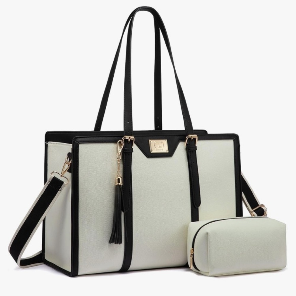T's Luxury Women’s Laptop Tote Bag in Elegant Black & White also w/Extra Bag